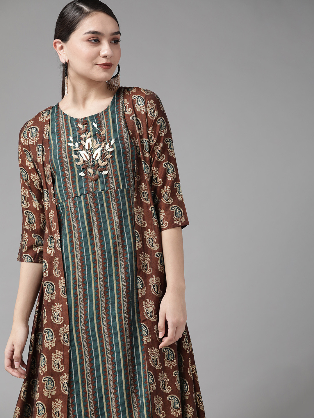 Buy Yufta Teal Green & Coffee Brown Striped Yoke Embroidered Midi A