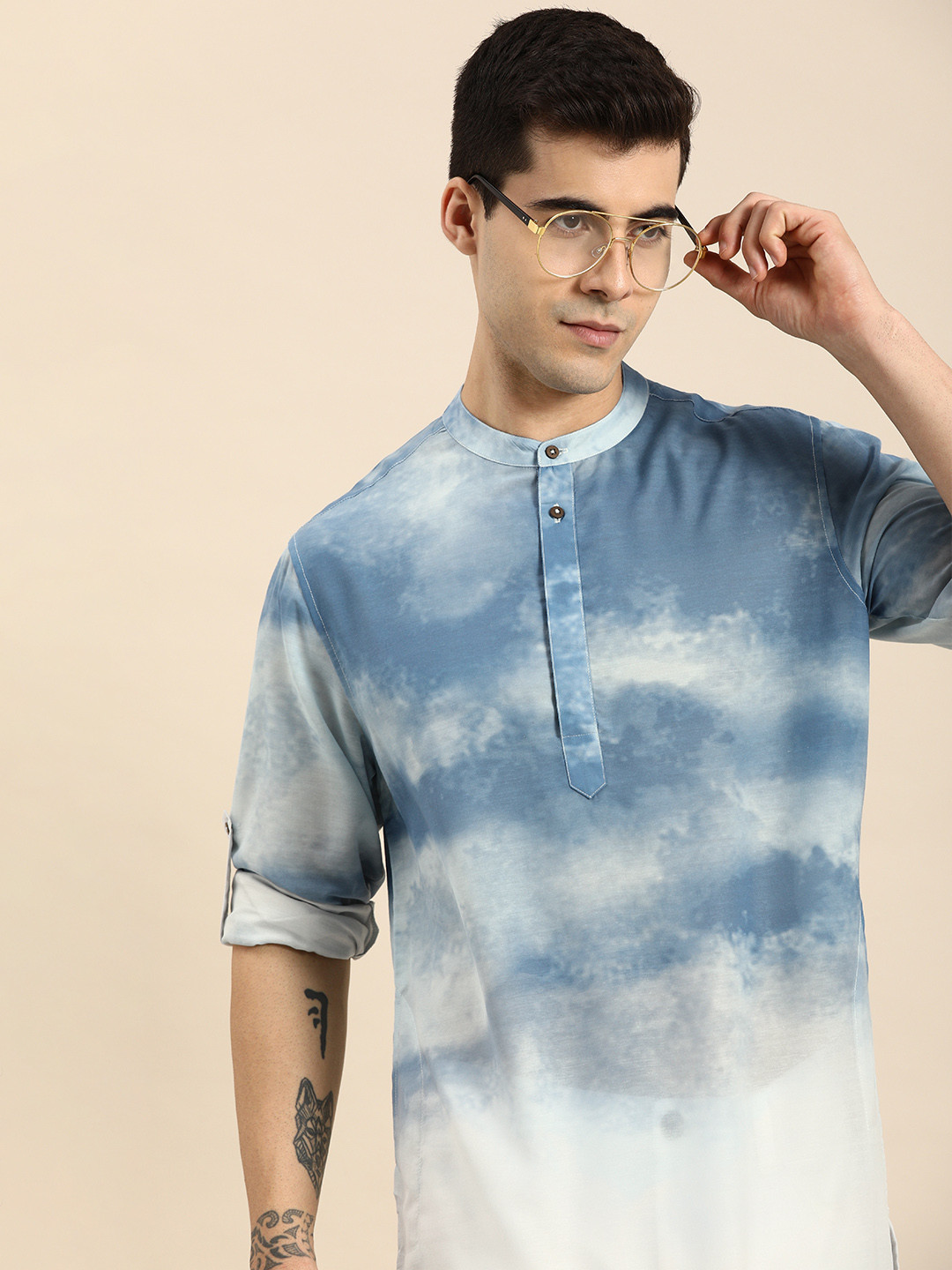 Buy Anouk Men Blue & White Tie And Dye Printed Mandarin Collar Straight