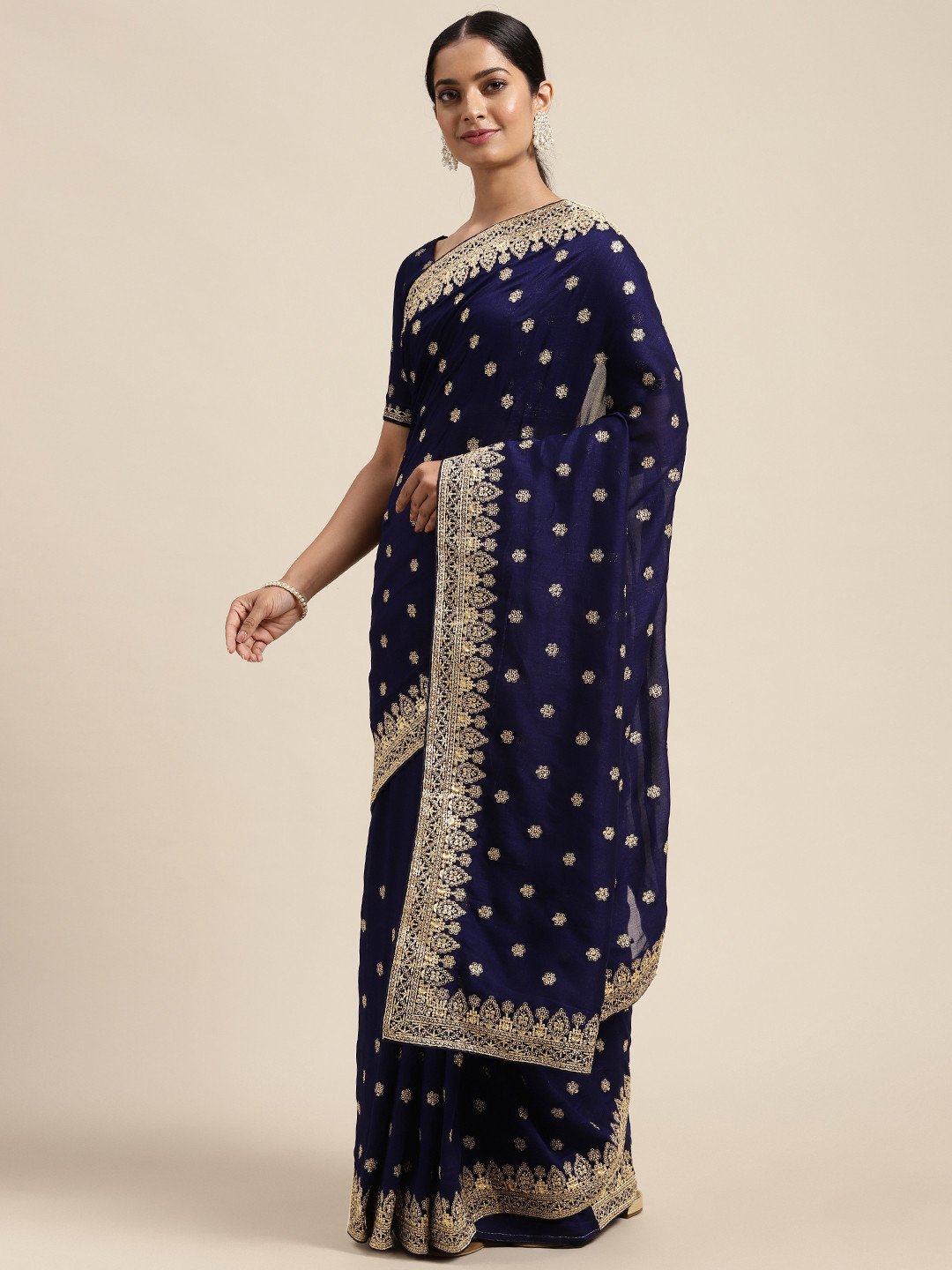 Soft Vichitra Silk Navy Blue  Saree with Intricate Multicolor Floral Work & Coordinated Embroidered