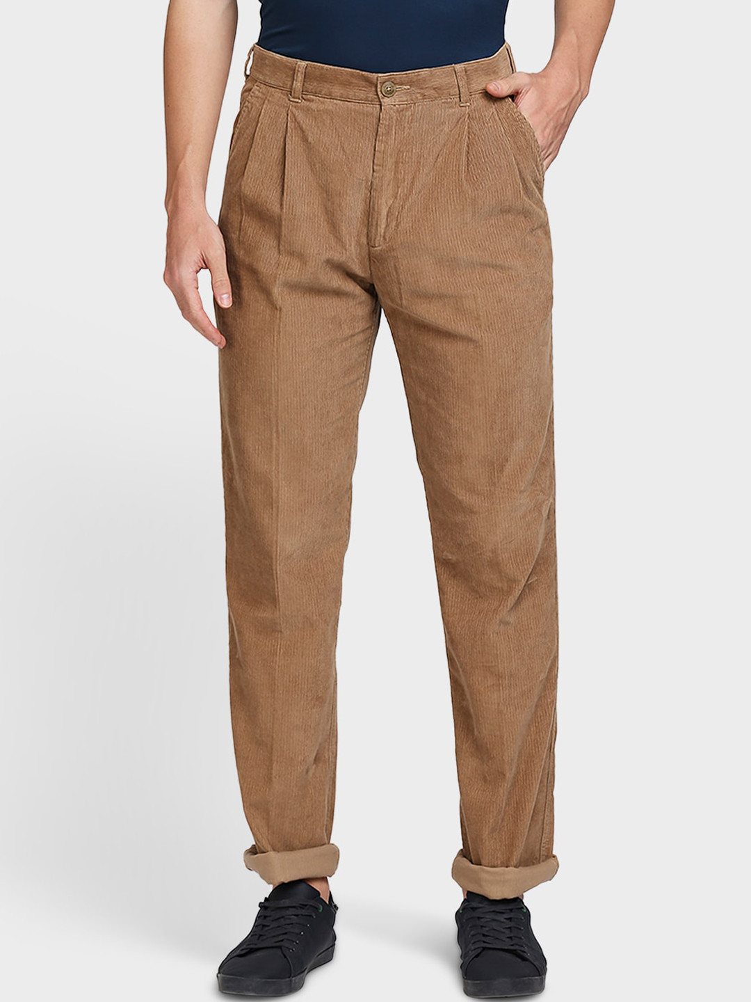 Buy ColorPlus Men Brown Pleated Cotton Trousers Trousers for Men