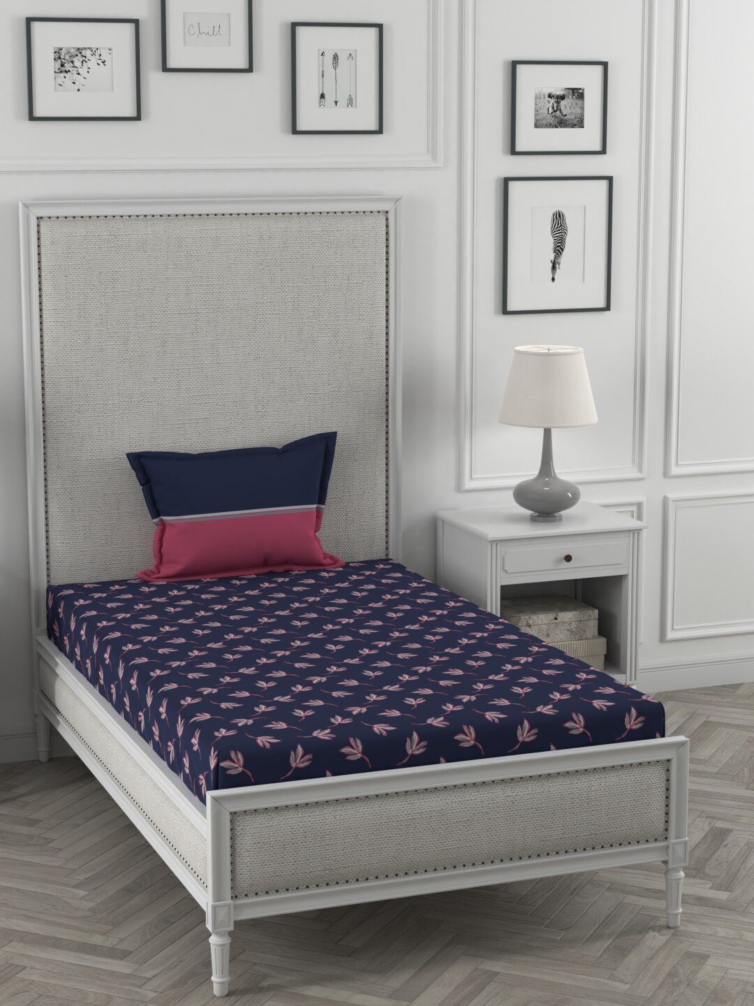 Buy Trident Blue & Pink Floral 120 TC Single Bedsheet With 1 Pillow