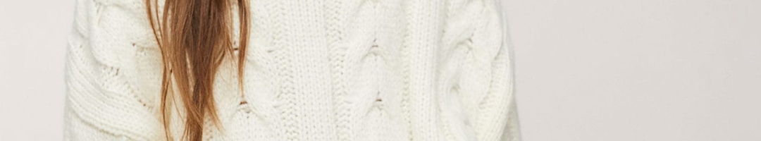 Buy Mango Kids Girls Off White Solid Cable Knit Turtle Neck Pullover ...