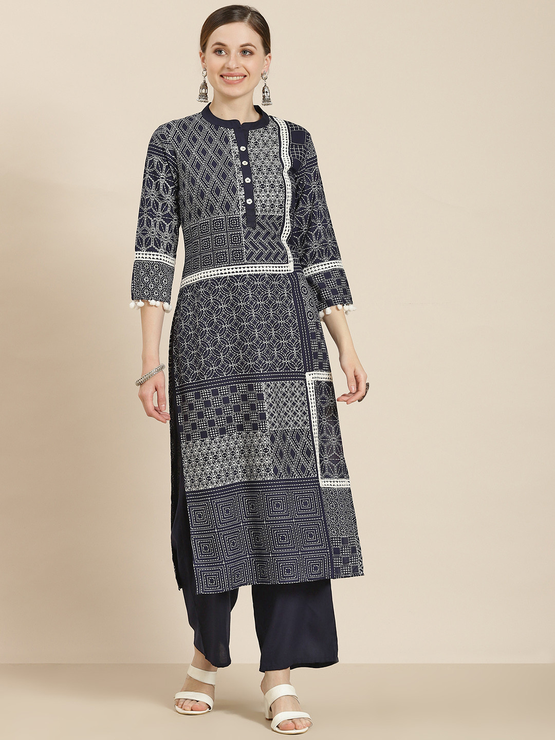 Women Navy Blue Cotton Printed Kurta with Palazzo Pants