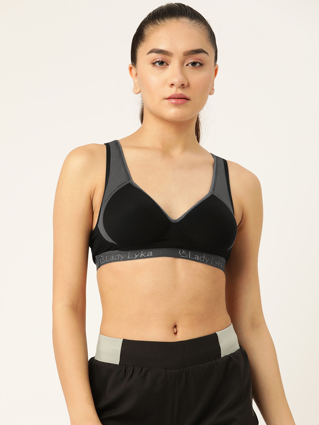Buy Lady Lyka Black & Grey Cotton Bra Full Coverage Non Wired Lightly