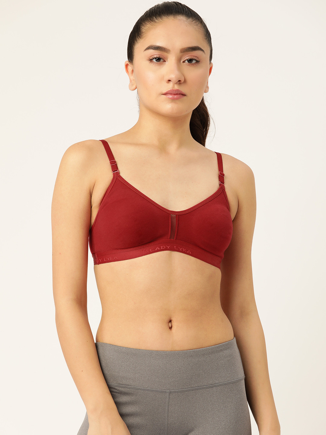Buy Lady Lyka Maroon Solid Cotton Workout Bra Full Coverage Non Wired