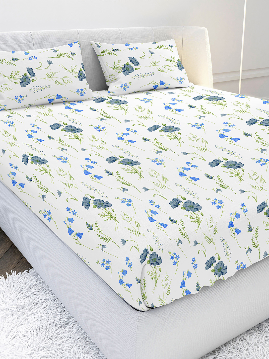 Buy MAYFAIR HOMES LONDON White & Blue Floral 210 TC Queen Bedsheet With