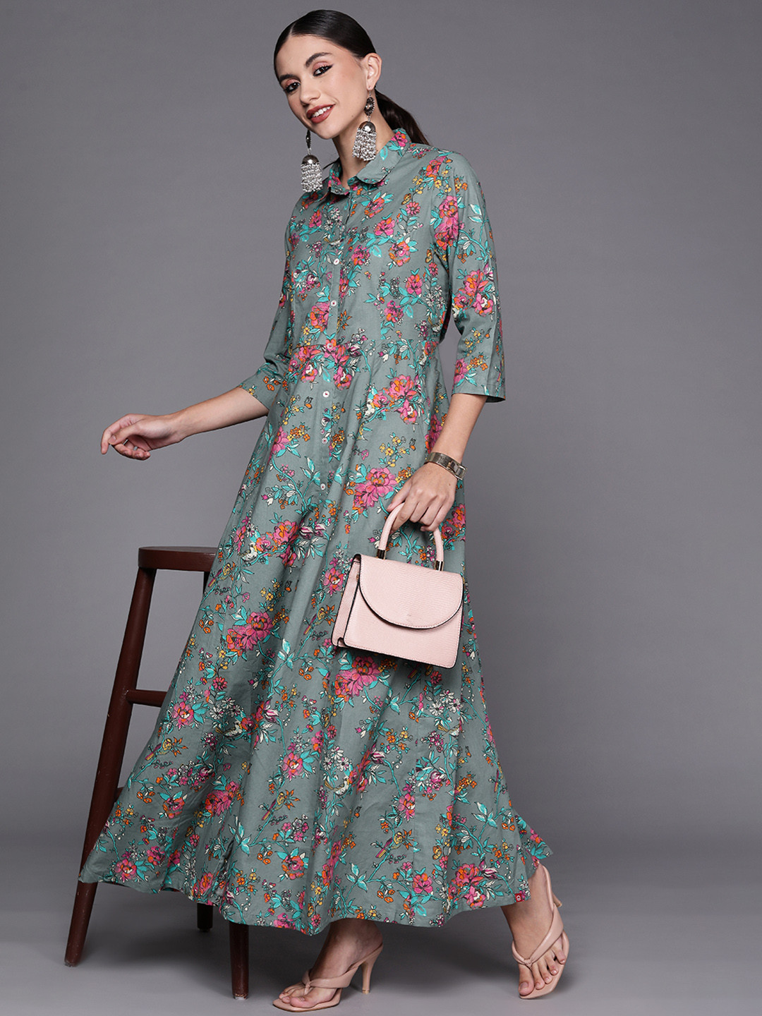 Buy Biba Grey & Pink Pure Cotton Floral Printed Shirt Style Maxi Dress