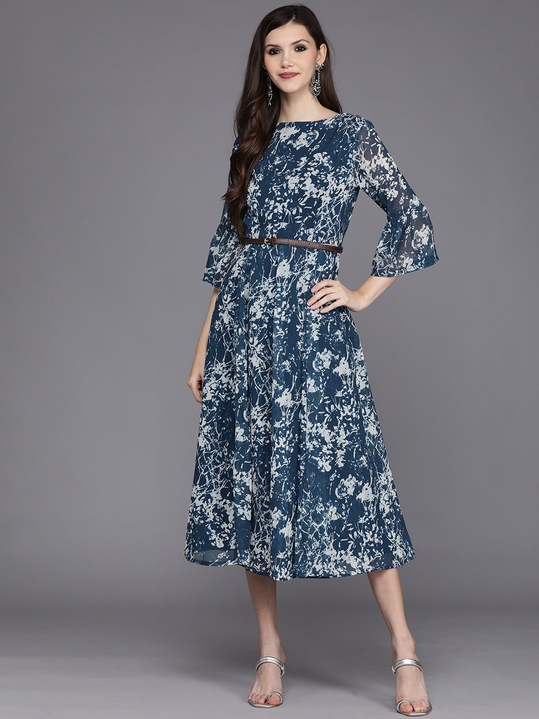 Buy Biba Blue & White Printed A Line Midi Dress With Belt Ethnic