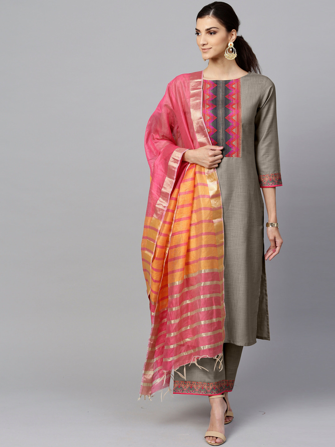 Women Grey Silver Striped Printed Kurta With Palazzo And Dupatta
