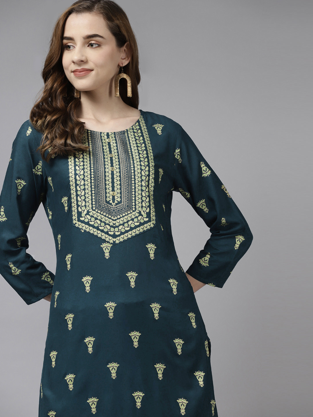 Women Teal & Off White Ethnic Motifs Striped Flared Sleeves Kurta main image 0
