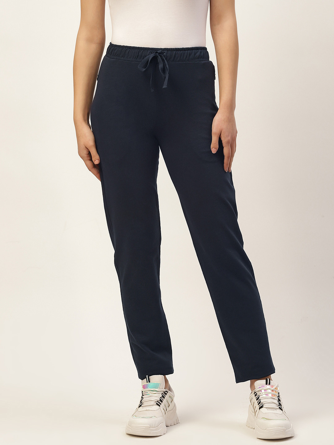Womens Mid-Rise Solid Trackpant - Navy/Fuchsia