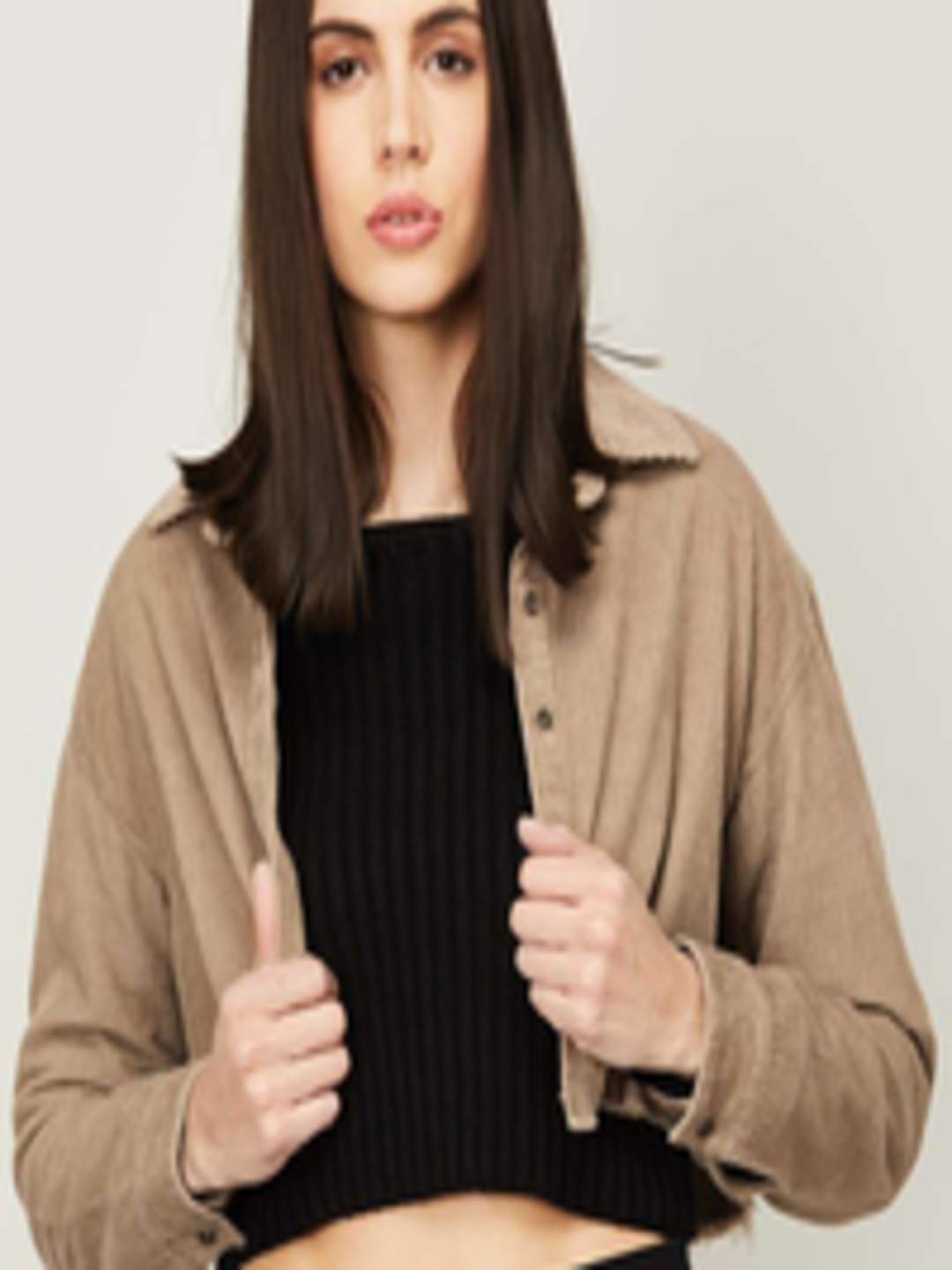Buy Xpose Women Khaki Drop Shoulder Corduroy Cropped Shacket - Jackets for Women 16314382 | Myntra
