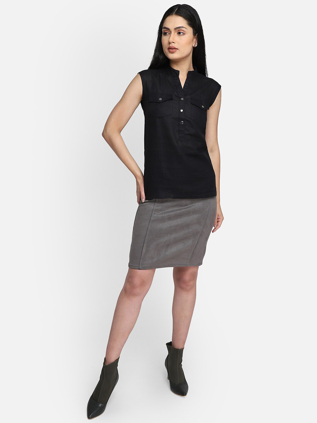 Buy Smarty Pants Black Mandarin Collar Linen Regular Top Tops for