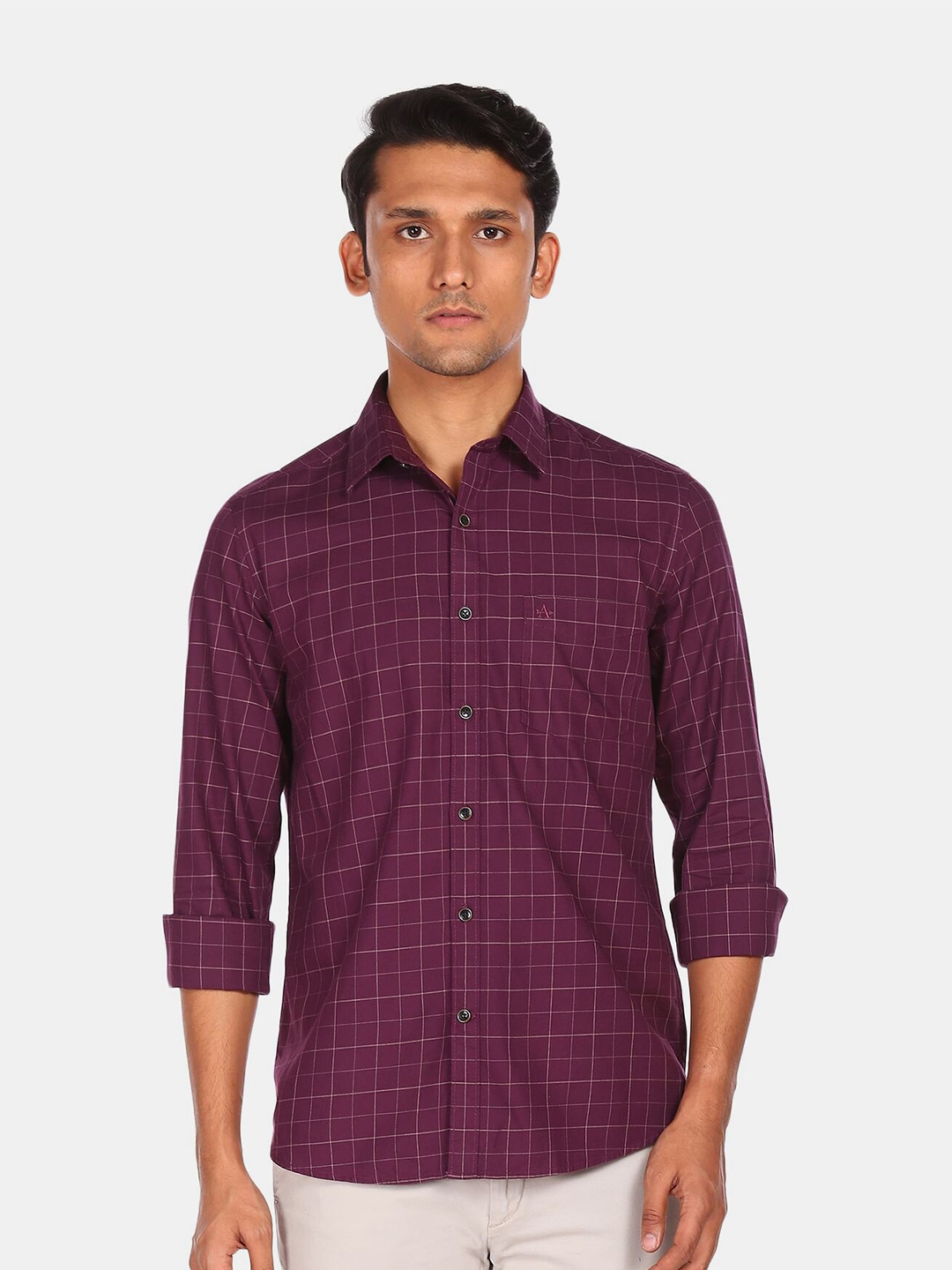 Buy Arrow Sport Men Purple Grid Tattersall Checked Pure Cotton Casual ...