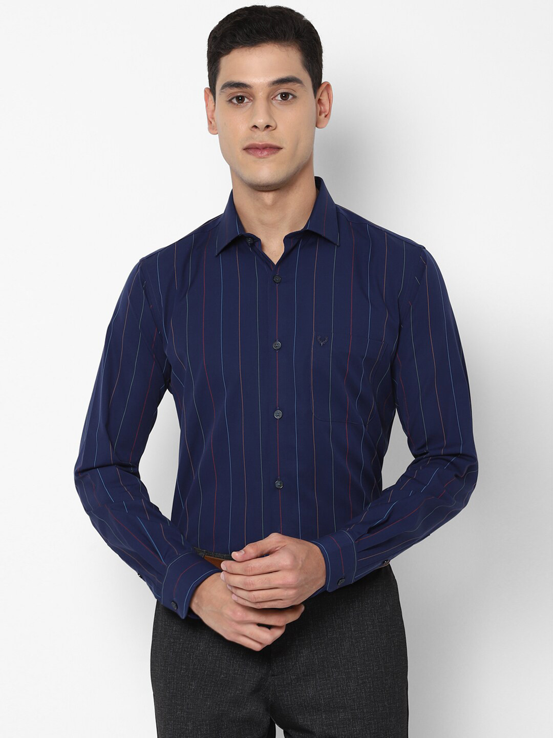 Buy Allen Solly Men Navy Blue Slim Fit Striped Cotton Formal Shirt