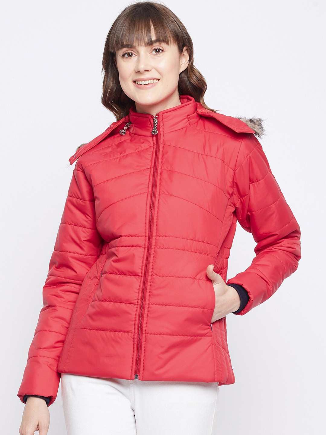 Buy Adobe Women Red Solid Lightweight Puffer Jacket With Detachable