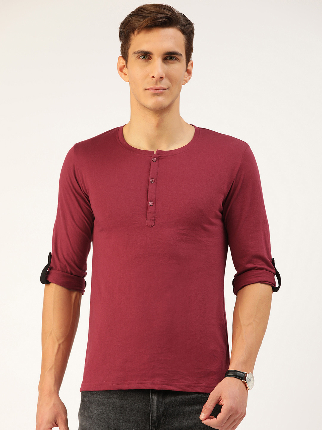 Buy GESPO Men Maroon Cotton Solid Henley Neck Roll Up Sleeves T Shirt