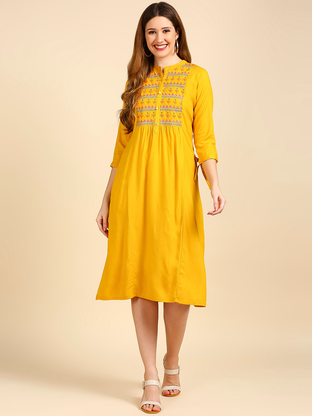 Buy Anubhutee Mustard Yellow Ethnic Motifs Embroidered Ethnic A Line