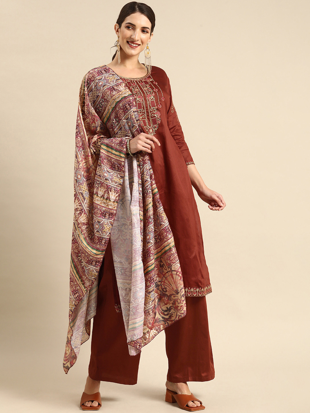 Buy Shaily Rust Embroidered Unstitched Dress Material Dress Material