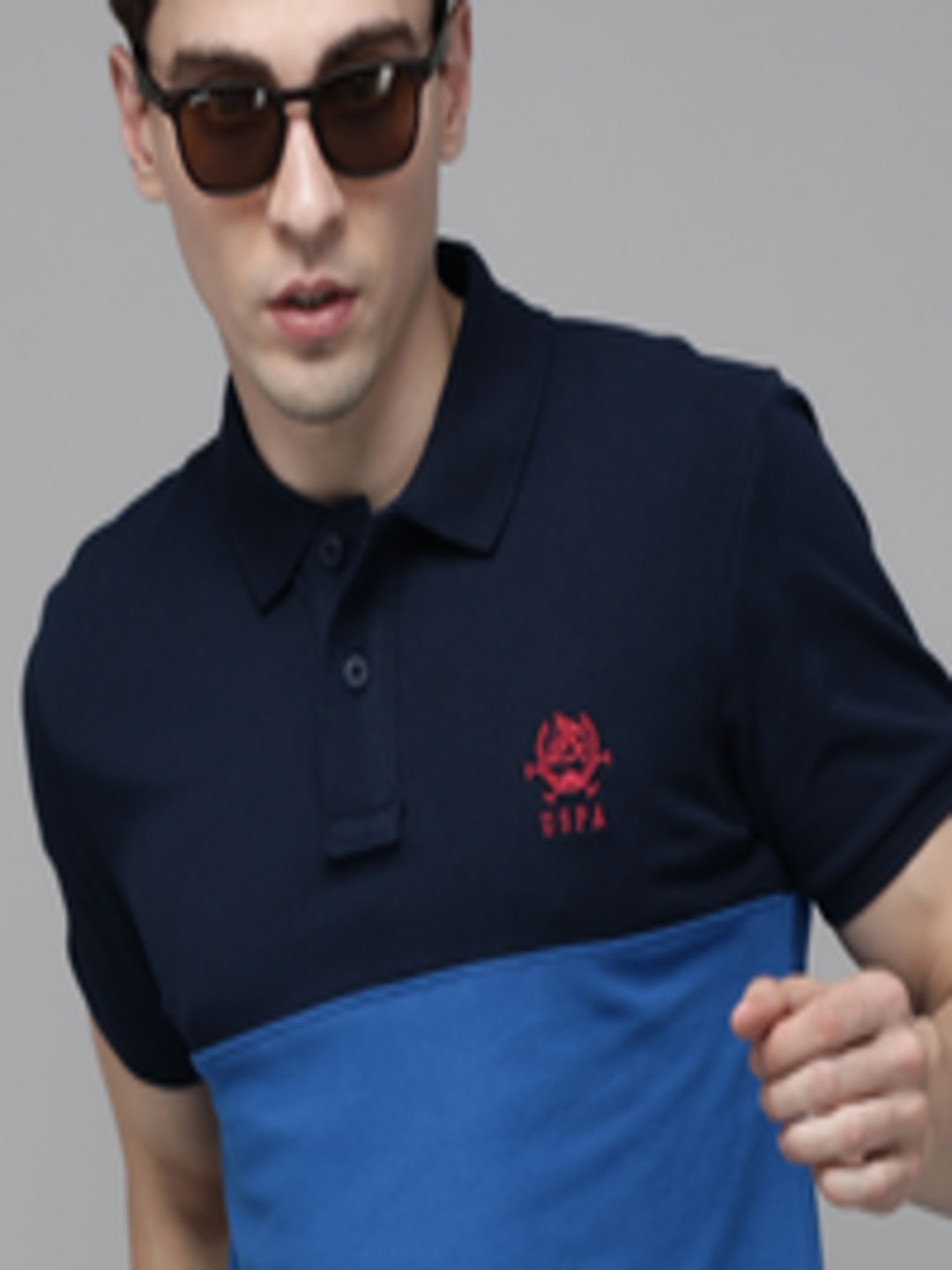 Buy U S Polo Assn Men Navy Blue Colourblocked Polo Collar Slim Fit Pure ...