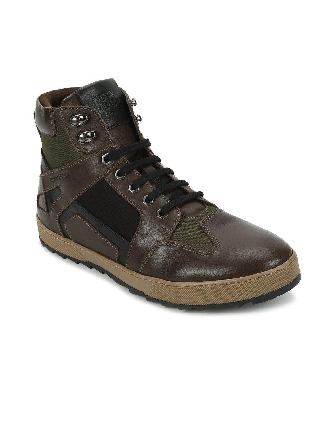 Buy Royal Enfield Men Olive Green Leather Flat Boots Casual Shoes for