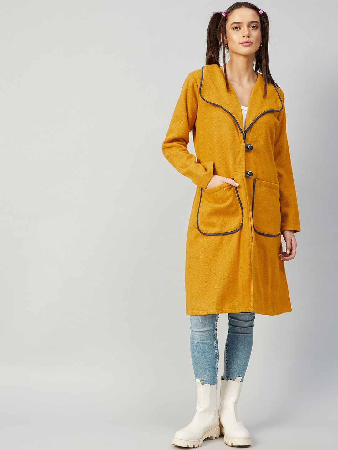 Buy Athena Women Mustard Yellow Solid Woolen Pea Coat Coats for Women
