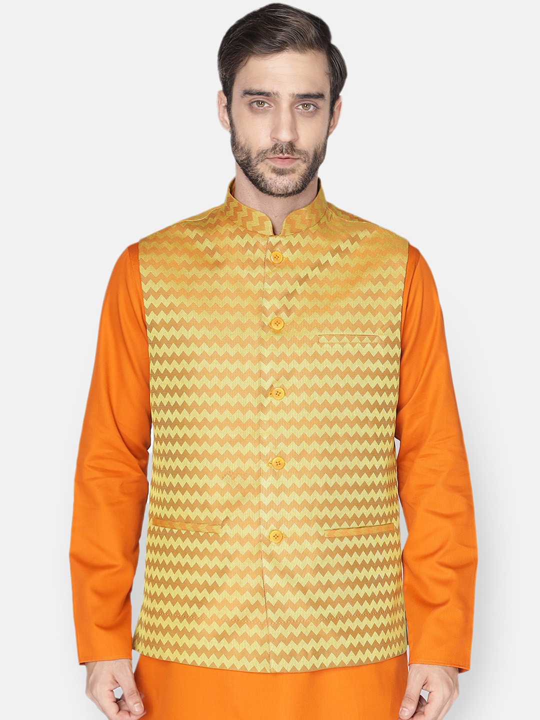 Buy NAMASKAR Men Mustard Yellow Printed Woven Nehru Jacket Nehru
