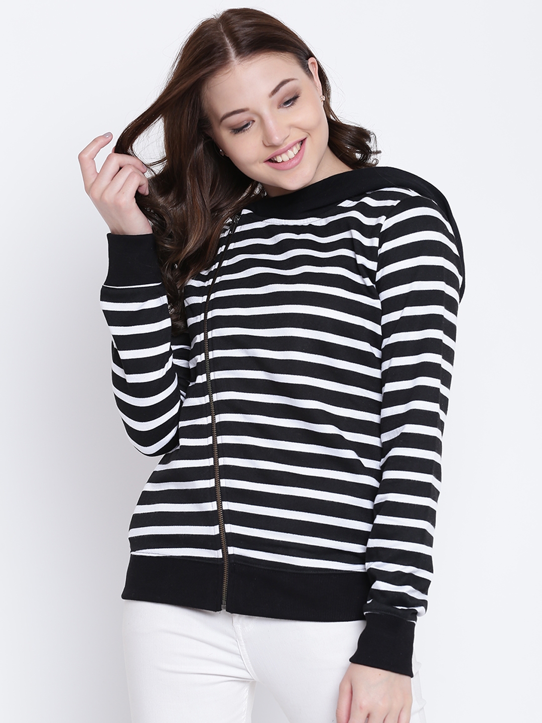 Buy Texco Black & White Striped Hooded Jacket Jackets for Women