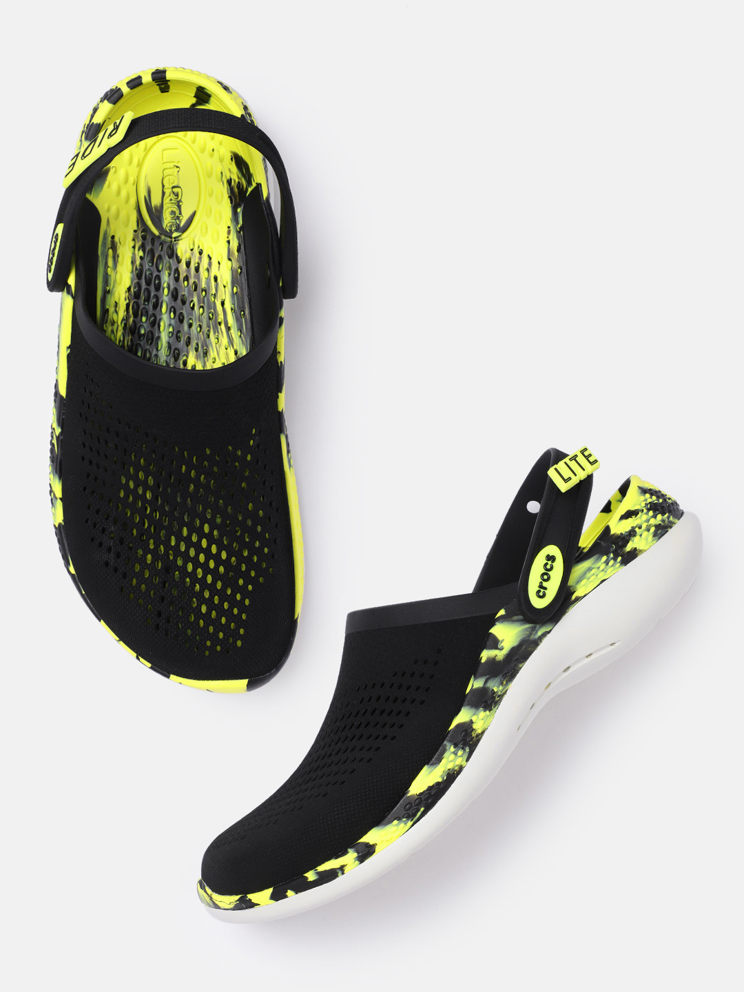 Buy Crocs Unisex Black & Fluorescent Green Croslite Clogs With Abstract ...
