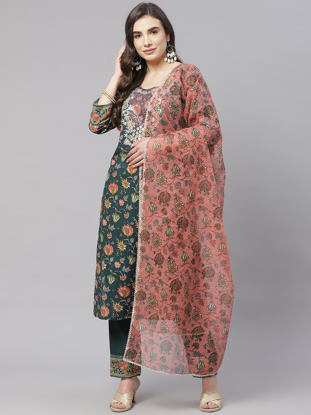 Women Liva Green Floral Print Kurta Comfort Pant Dupatta