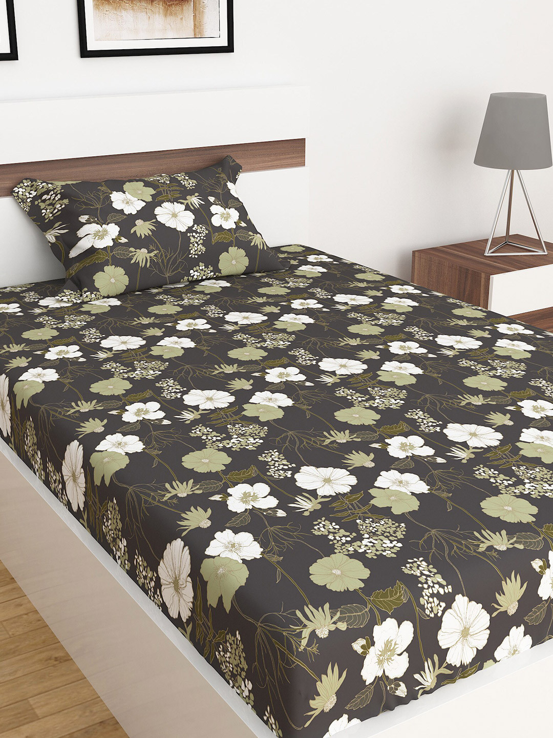 Buy Home Centre Grey & Green Floral 300 TC Cotton Single Bedsheet With
