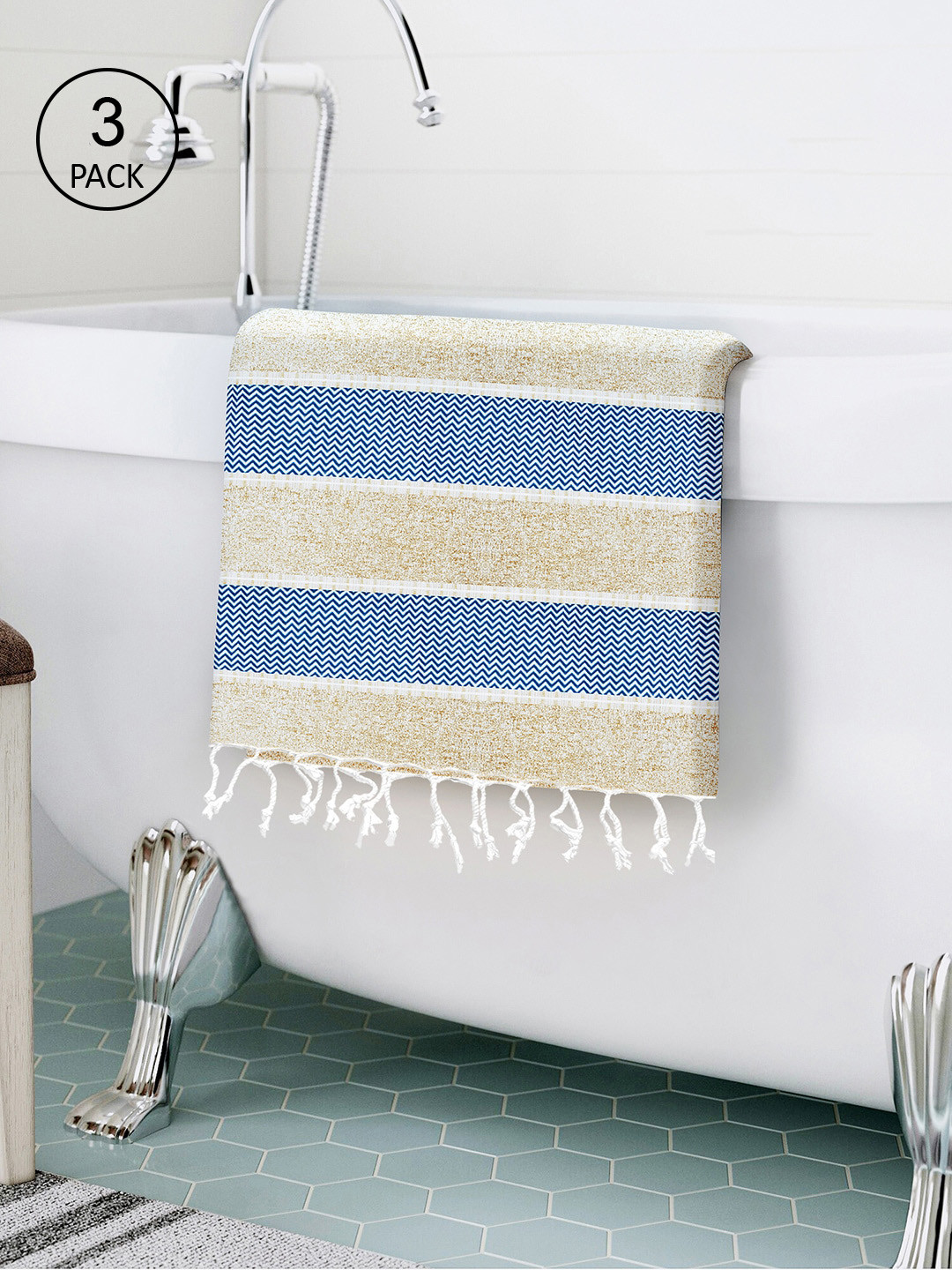Buy Storyhome Set Of 3 Blue & Beige Printed Pure Cotton 200 TC Bath