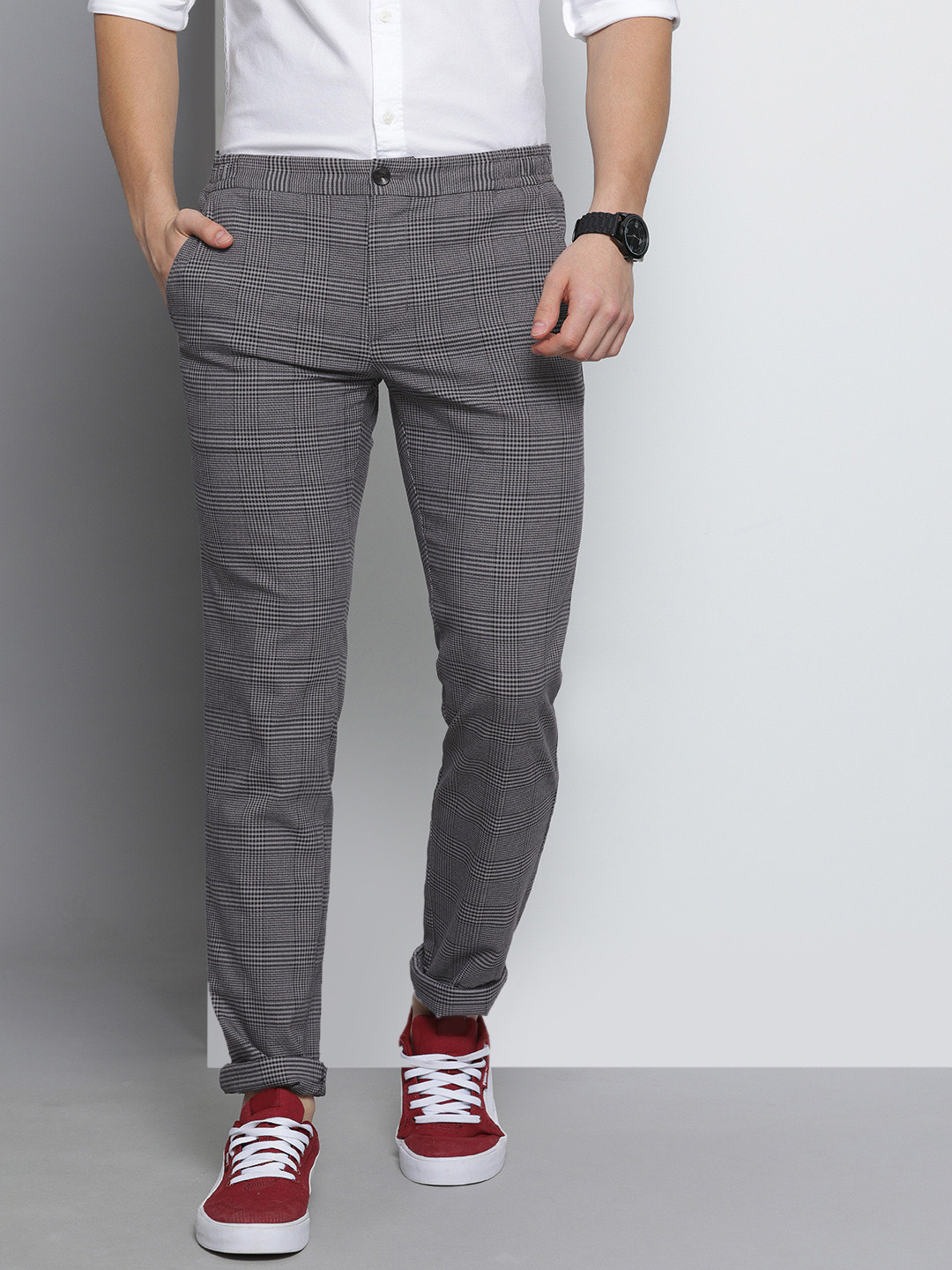 Buy Tommy Hilfiger Men Grey & Black Checked Bleecker Slim Fit Trousers ...