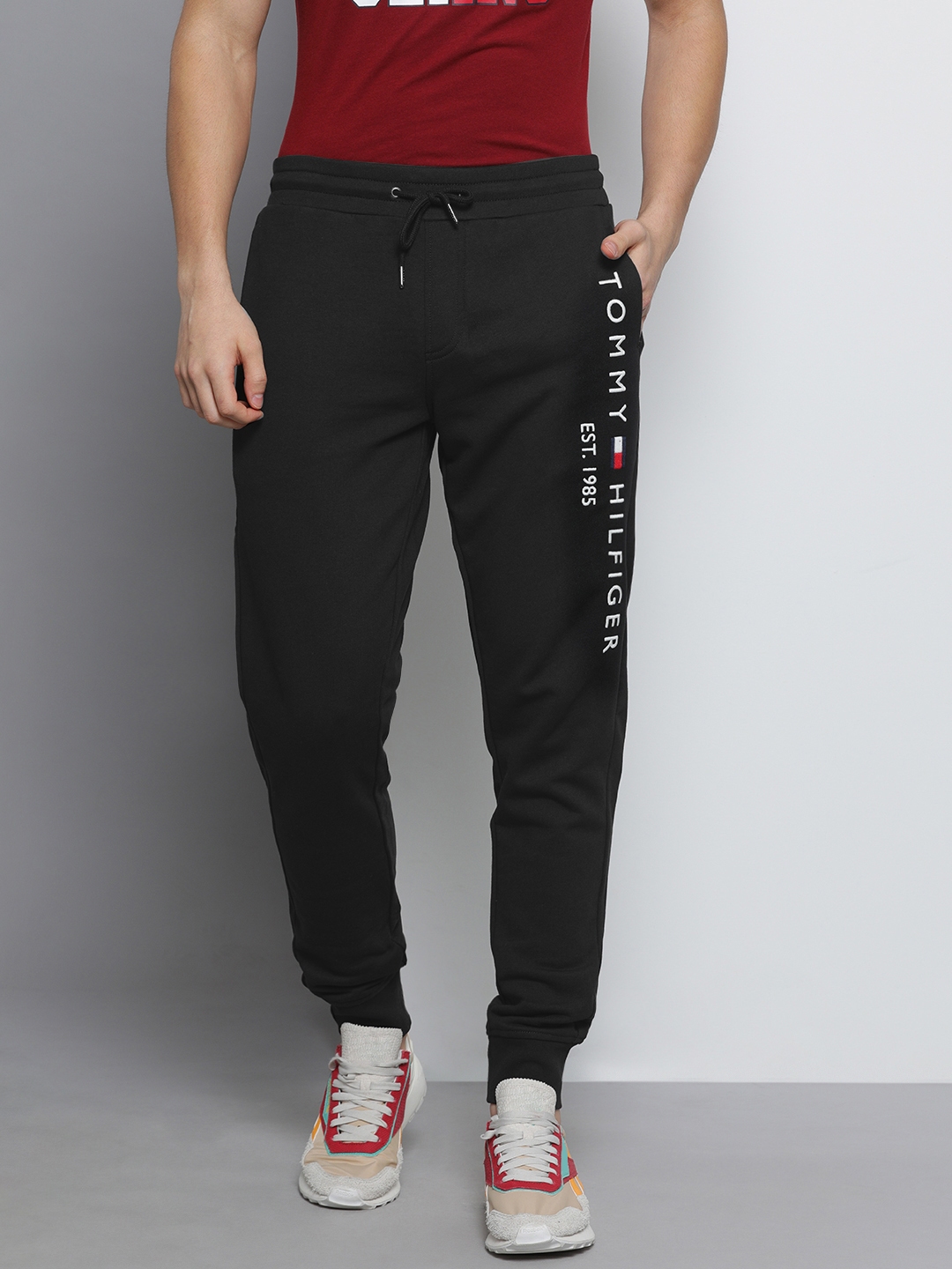 Buy Tommy Hilfiger Men Black Brand Logo Embroidered Joggers - Track ...
