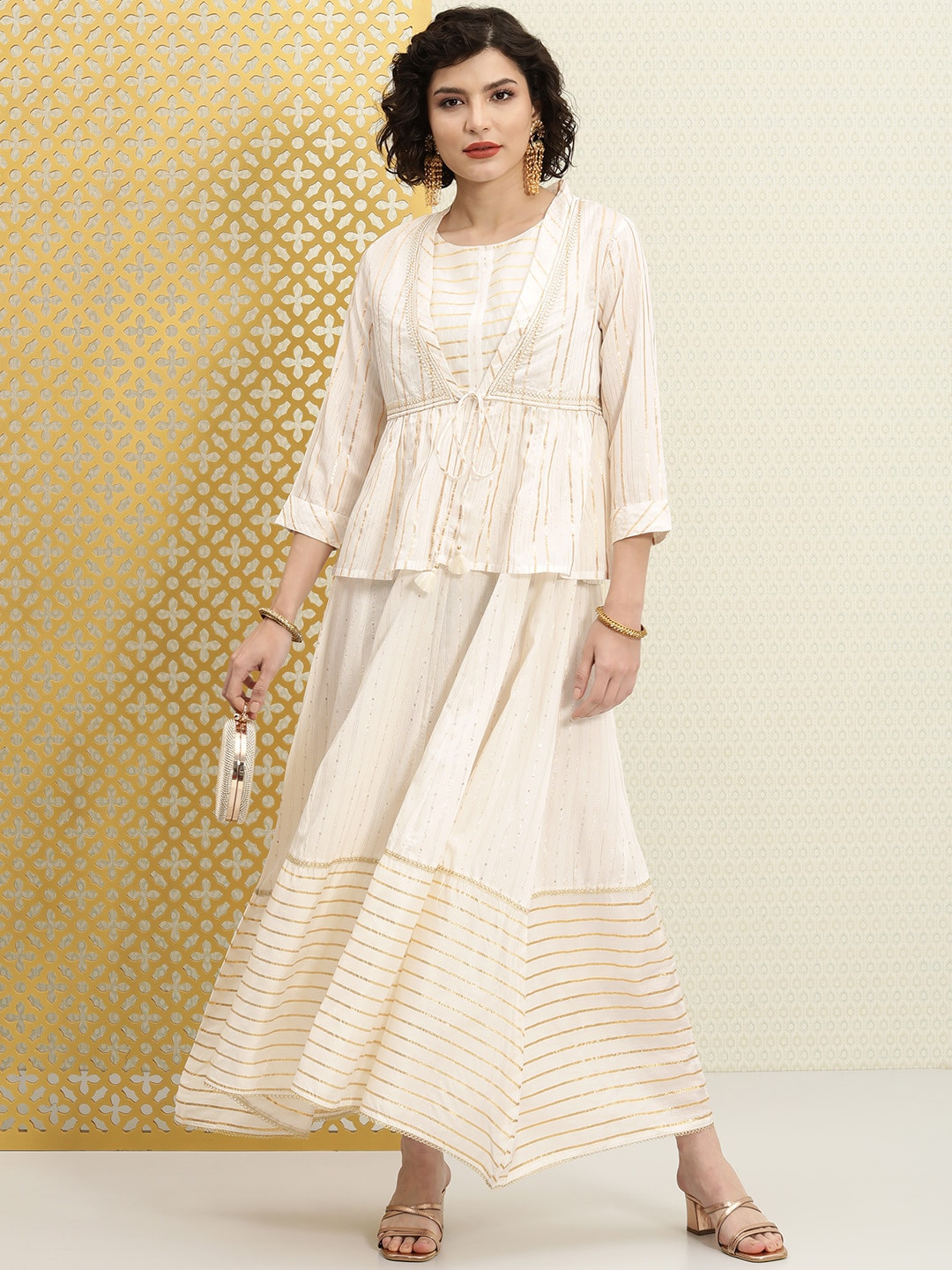 Buy House Of Pataudi White & Golden Sequined Striped Jashn Ethnic Maxi