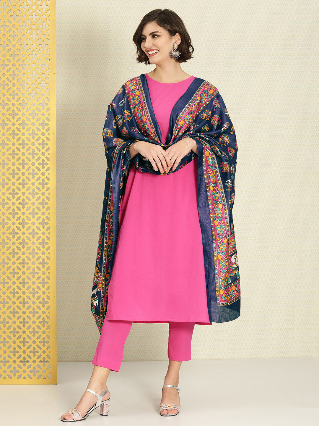 Women Blue & Pink Pure Cotton Kurta, Pant And Dupatta Set