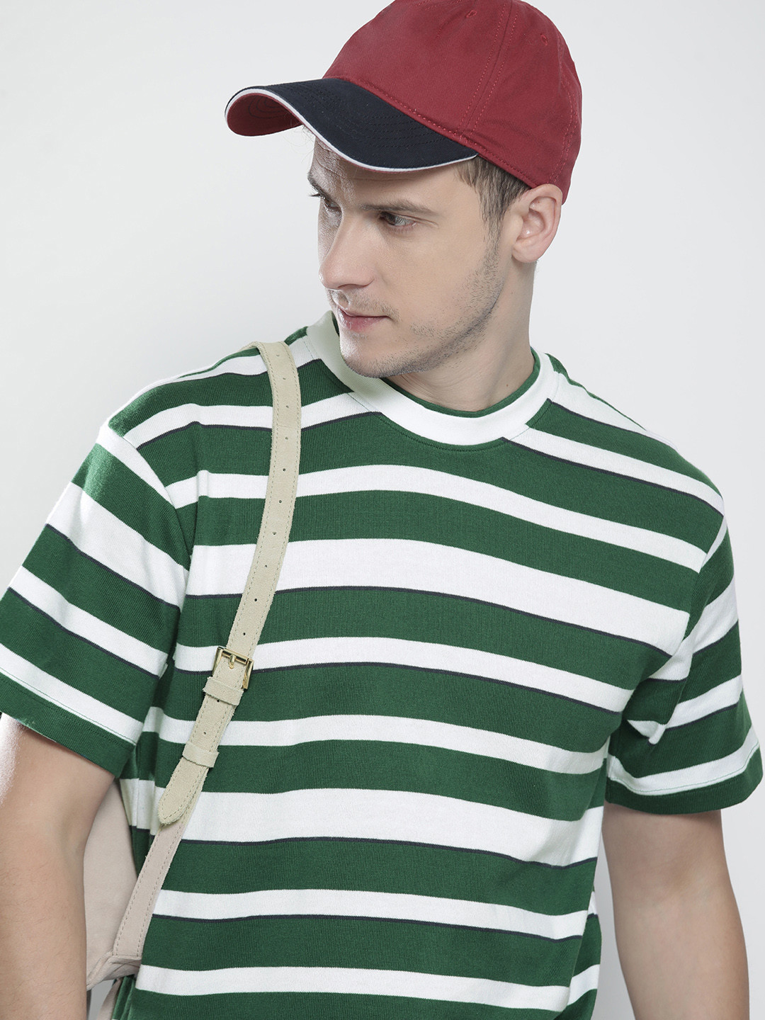 Buy Tommy Hilfiger Men Green & White Striped Pure Cotton Casual T Shirt