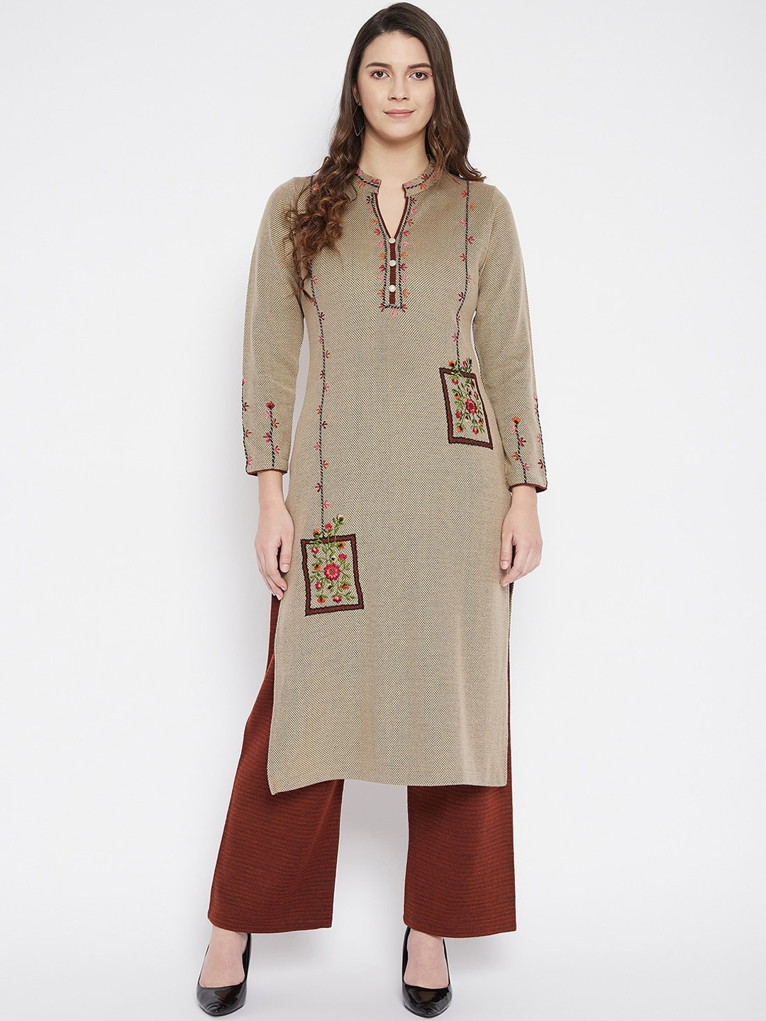 Women'S Beige & Maroon Striped Kurti With Palazzos