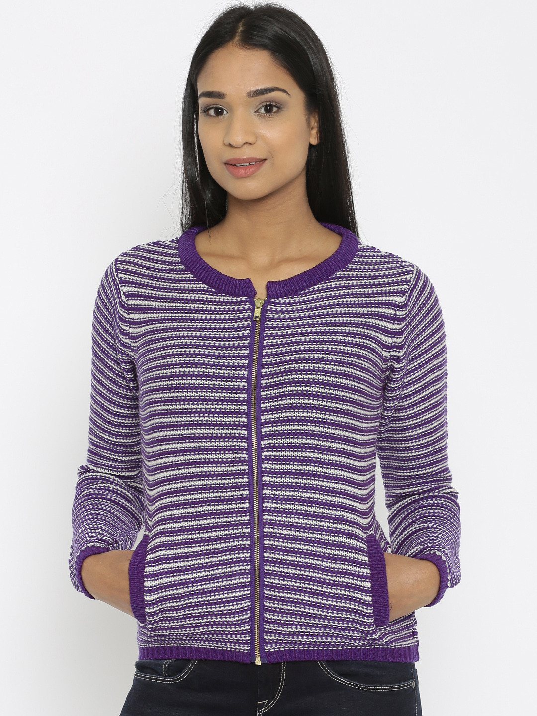 Buy Van Heusen Woman Purple Striped Cardigan - Sweaters for Women 1636816 | Myntra