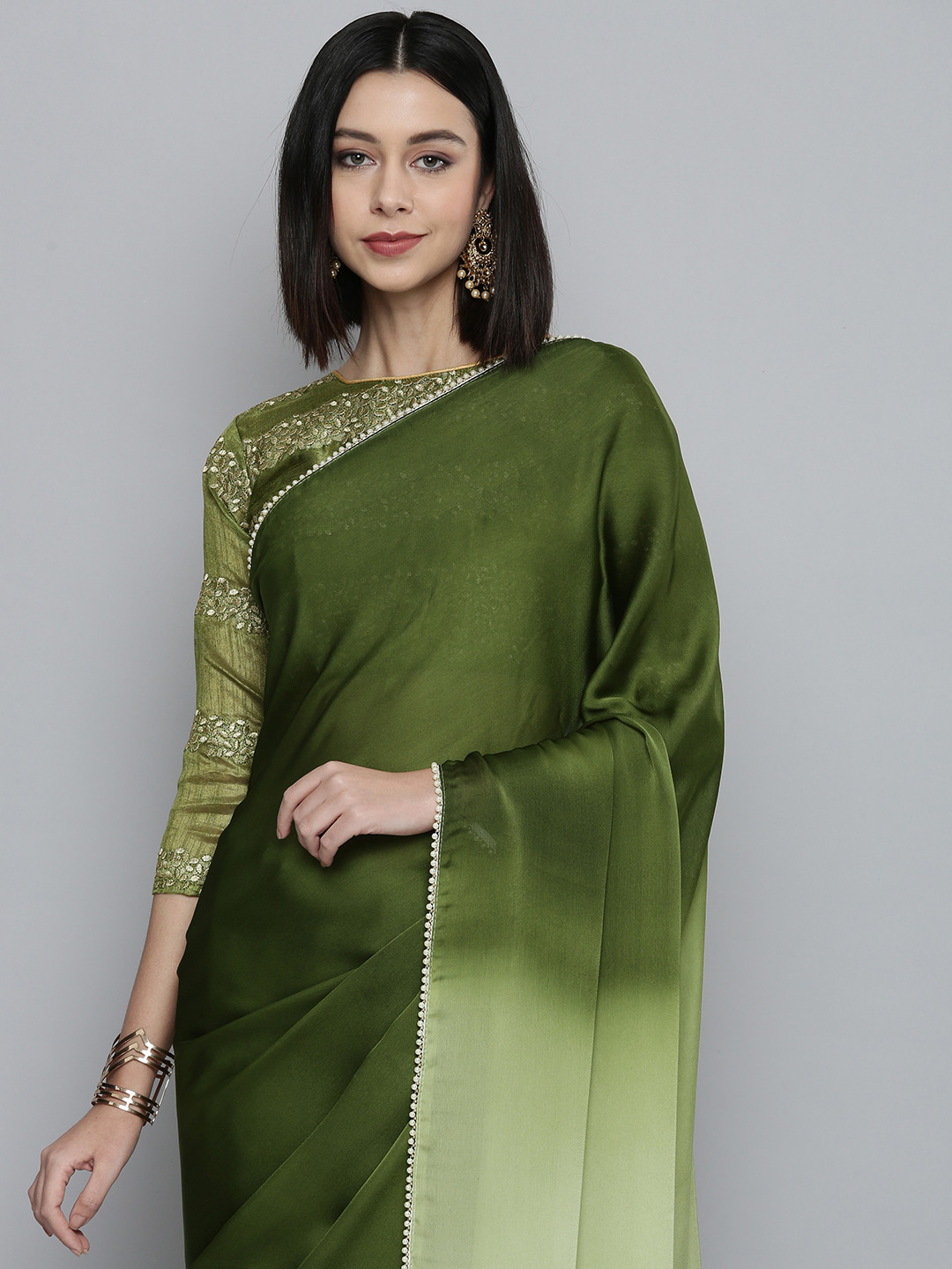 Buy HERE&NOW Olive Green Ombre Beads And Stones Satin Saree - Sarees ...