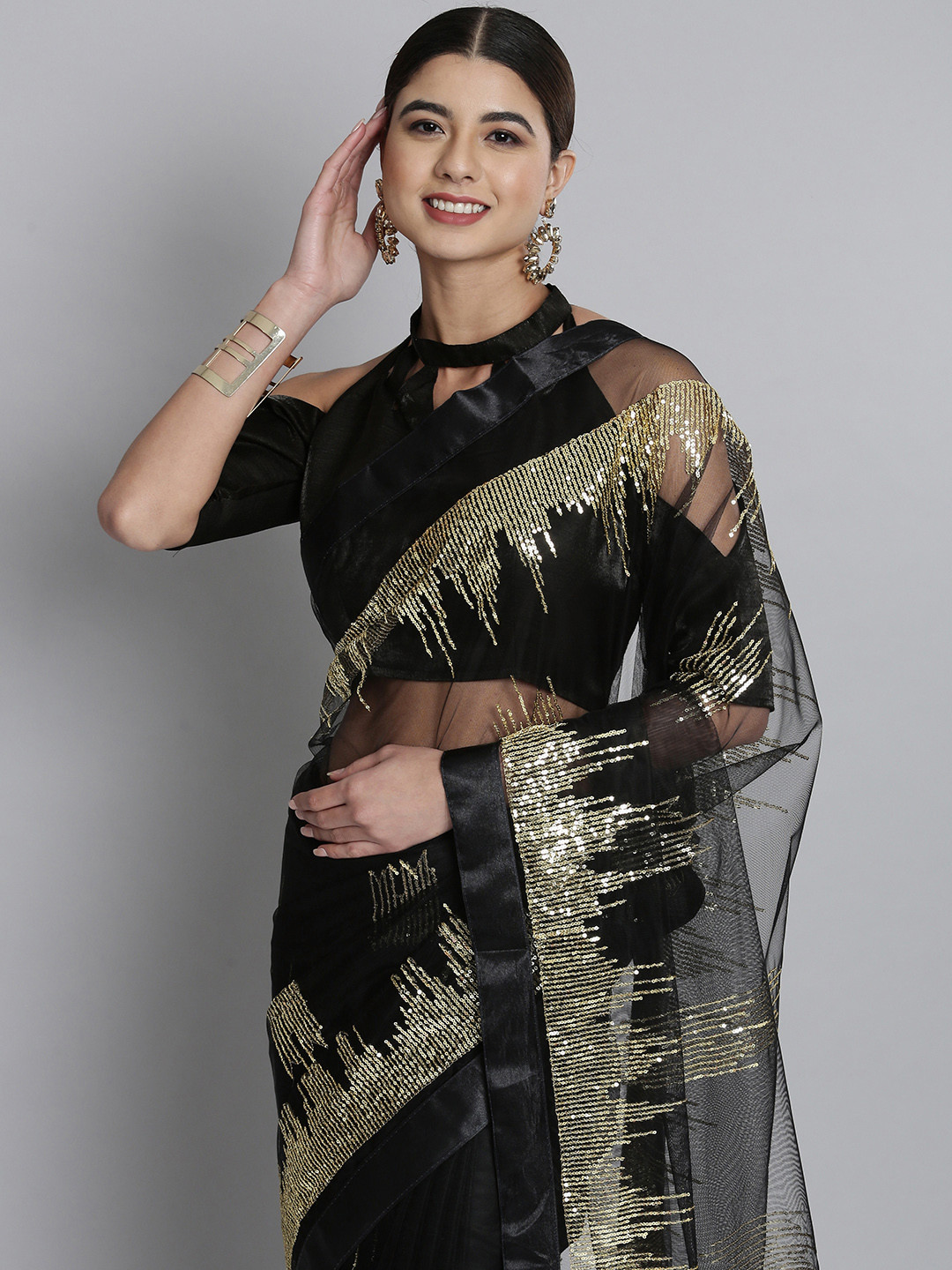 Black Net Saree With Golden Sequins And Cutdana Embroidery