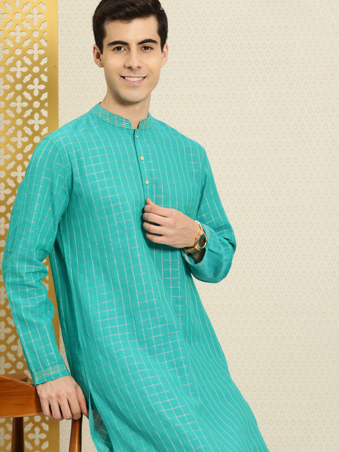 Buy House Of Pataudi Men Turquoise Blue & Gold Toned Checked Kurta
