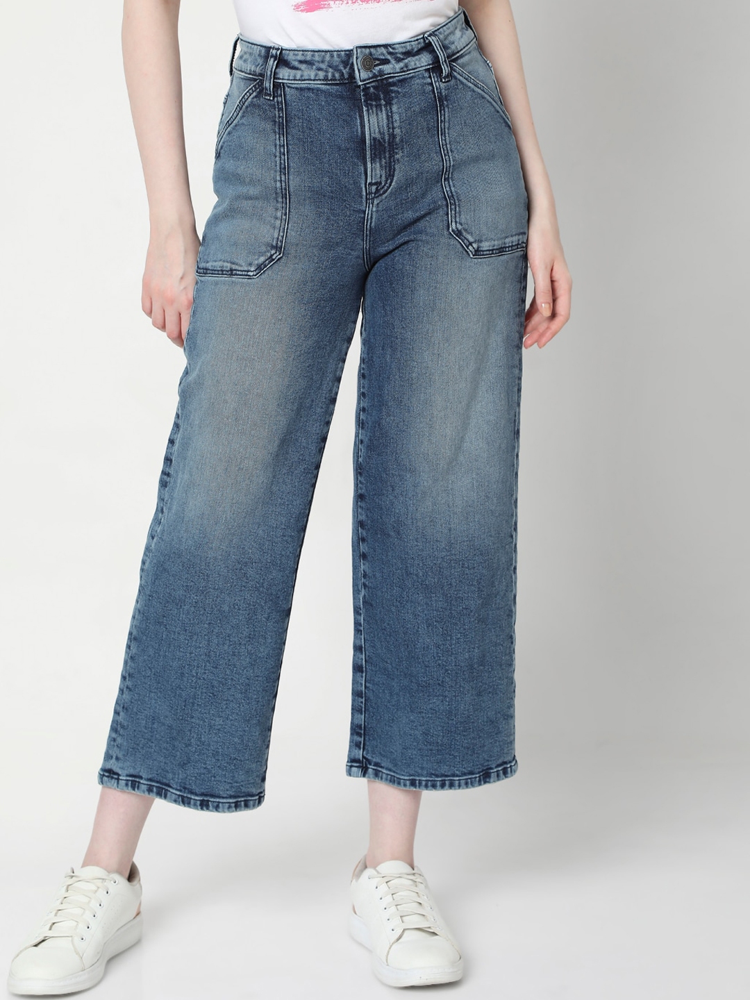 Buy Vero Moda Women Blue Wide Leg Heavy Fade Jeans - Jeans for Women ...