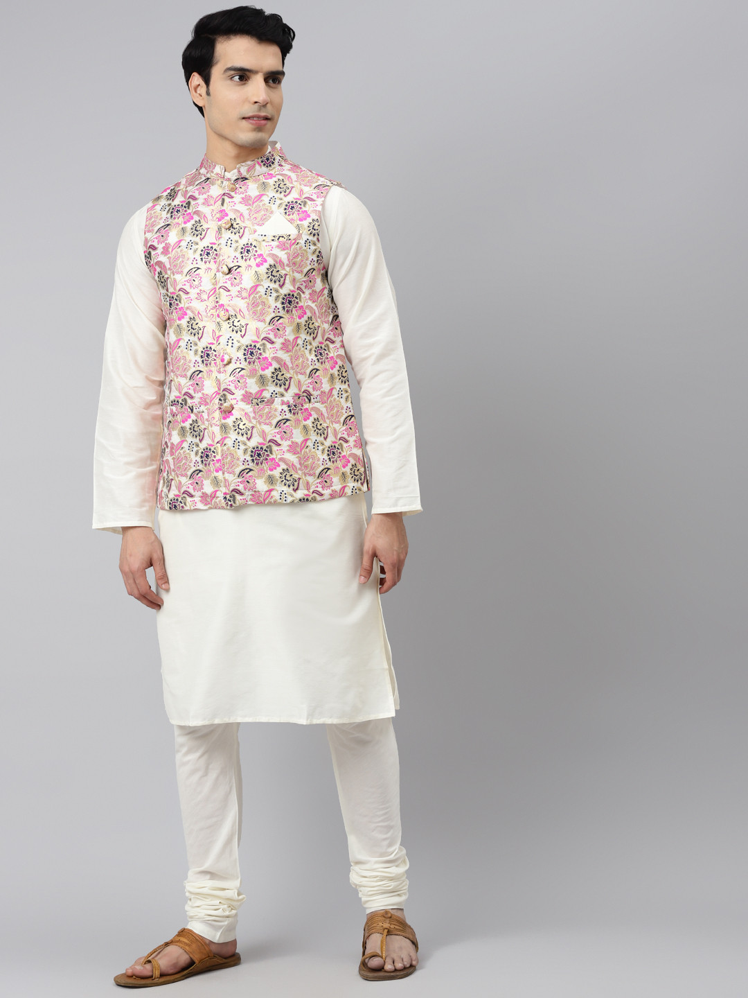 Men White Cotton Blend Kurta With Pyjamas & Yellow Embroidered Nehru Jacket