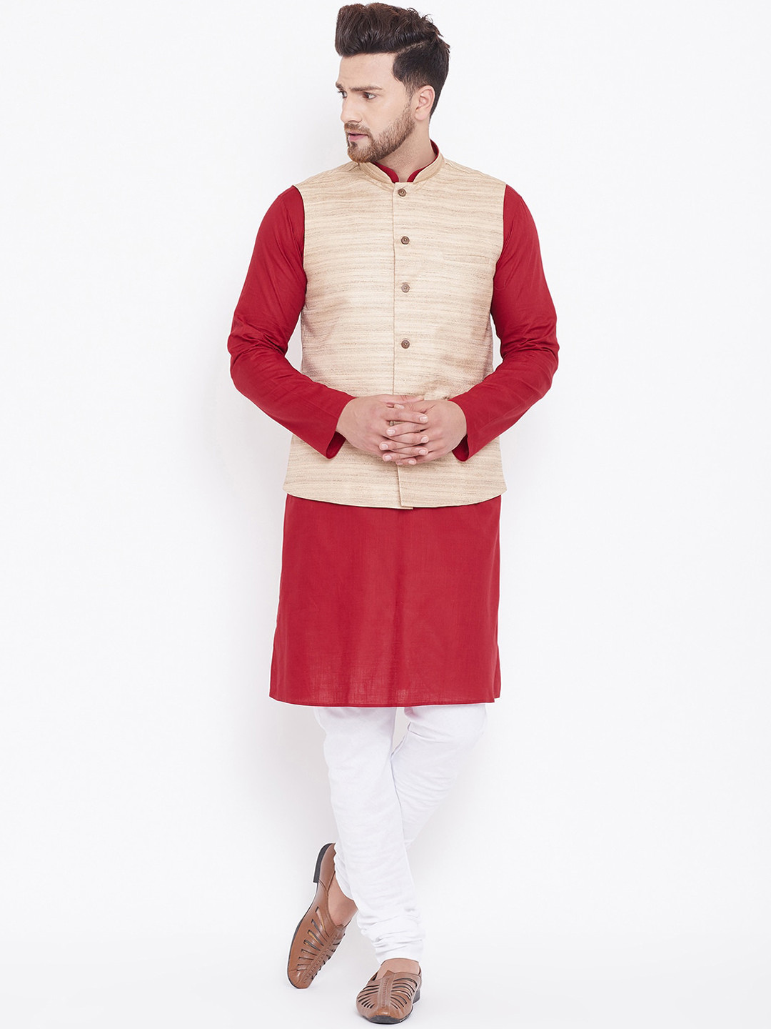 Buy VASTRAMAY Men Maroon Kurta With Churidar & Nehru Jacket Kurta