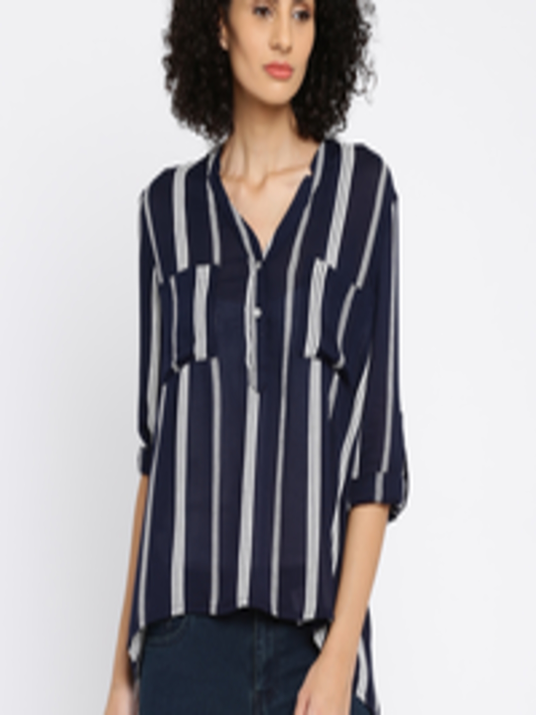 Buy ONLY Women Navy Blue & White Striped Casual Shirt - Shirts for