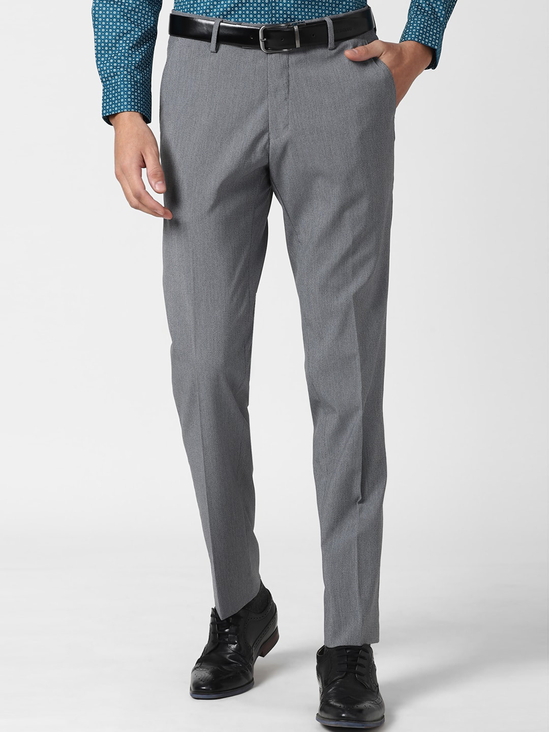 Buy Peter England Men Grey Checked Slim Fit Trousers Trousers for Men