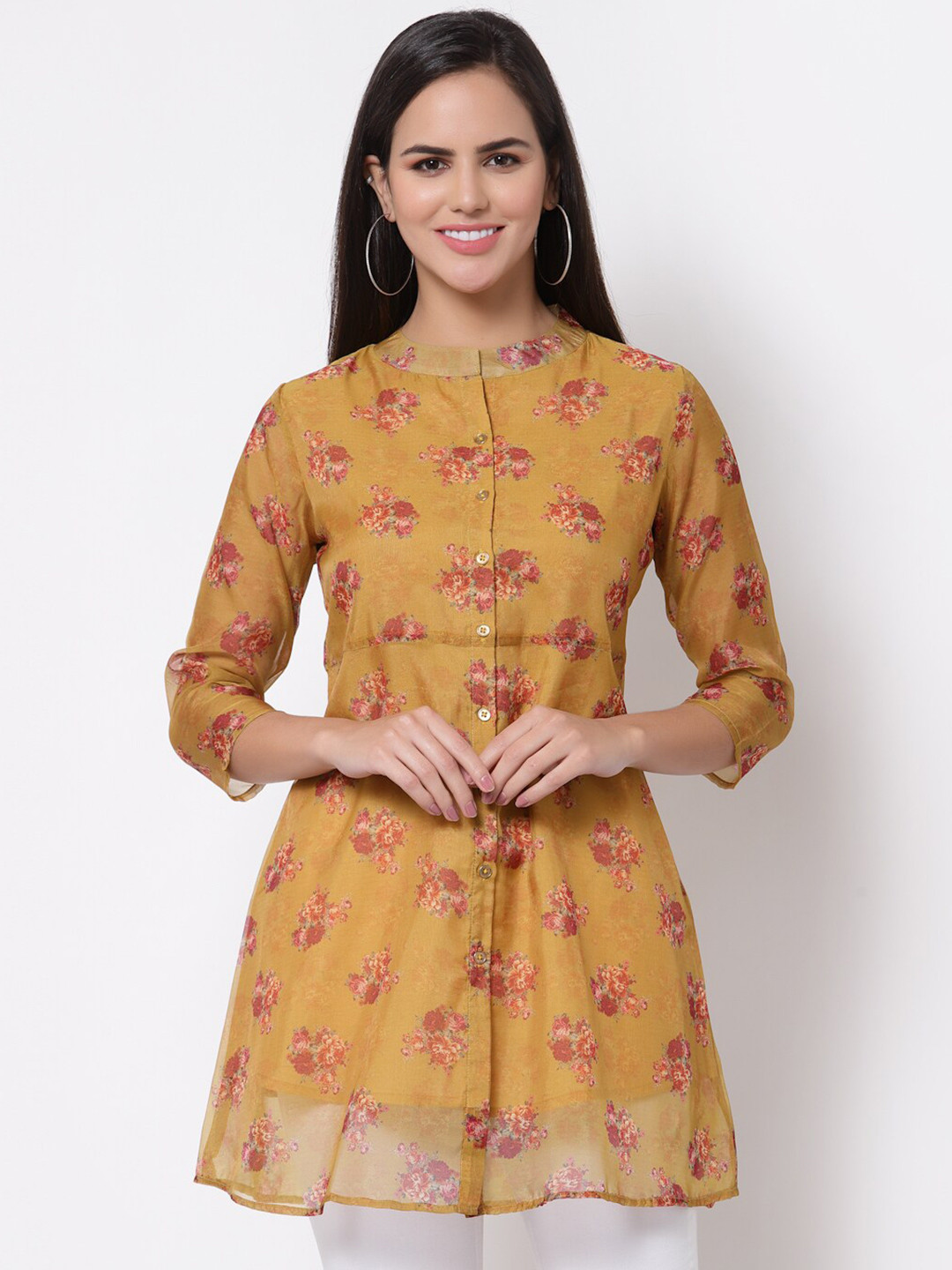Buy Myshka Mustard Yellow & Red Floral Printed Kurti Kurtis for Women