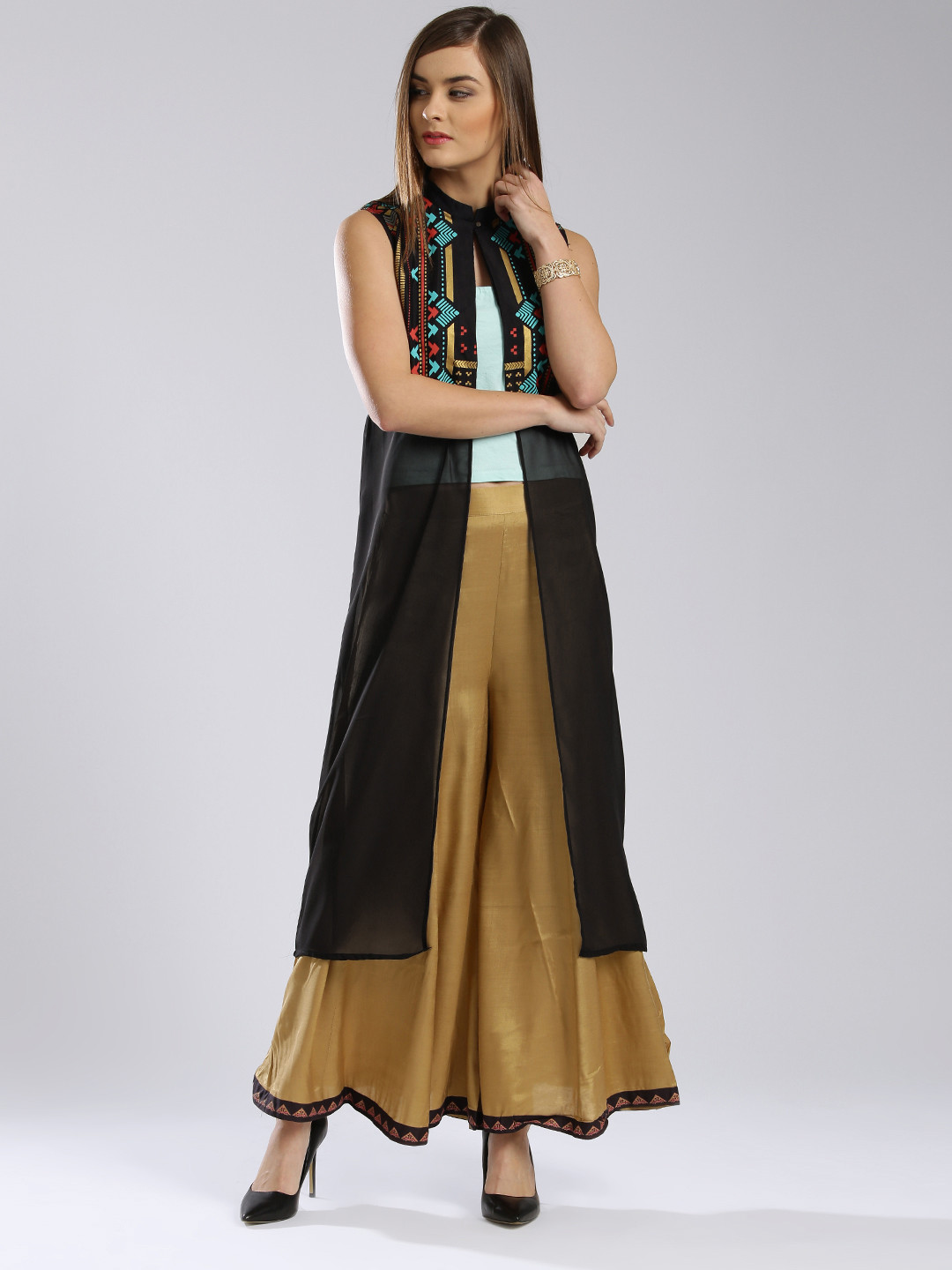 Buy W Black Printed Sleeveless Longline Sheer Ethnic Jacket Jackets