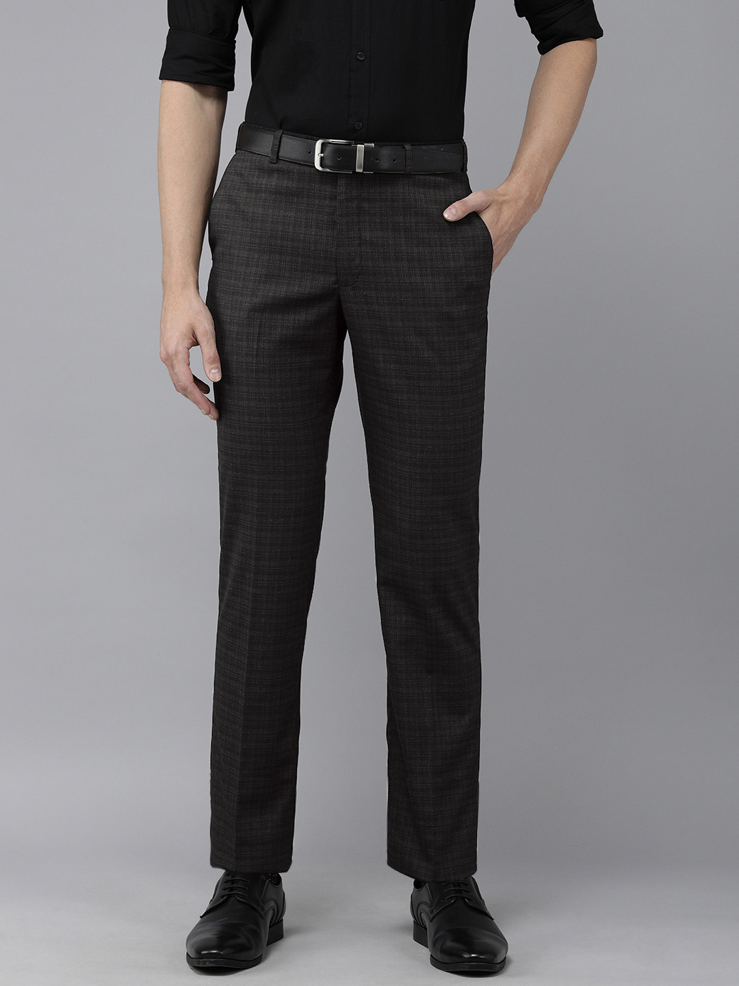 Buy Park Avenue Men Grey Checked Smart Fit Trousers - Trousers for Men ...
